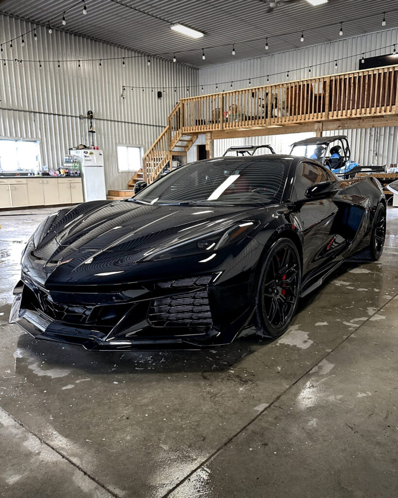 Black 2024 Chevy Corvette C8 ZO6 - Driver Front Half 2 after Mobile Detailing and Ceramic Coating