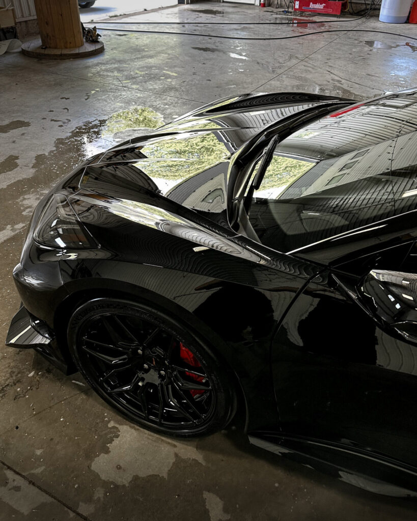 Black 2024 Chevy Corvette C8 ZO6 - Front Half from Driver Above after Mobile Detailing and Ceramic Coating