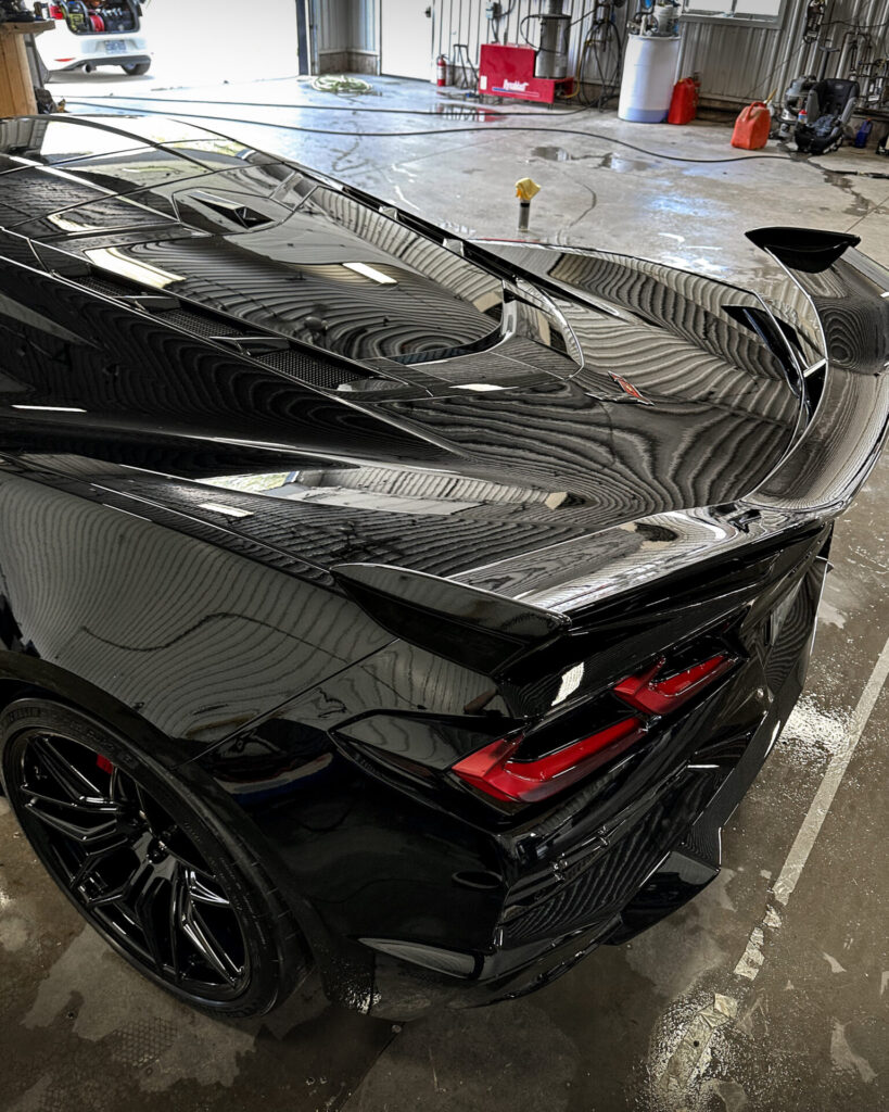 Black 2024 Chevy Corvette C8 ZO6 - Rear Driver from High after Mobile Detailing and Ceramic Coating