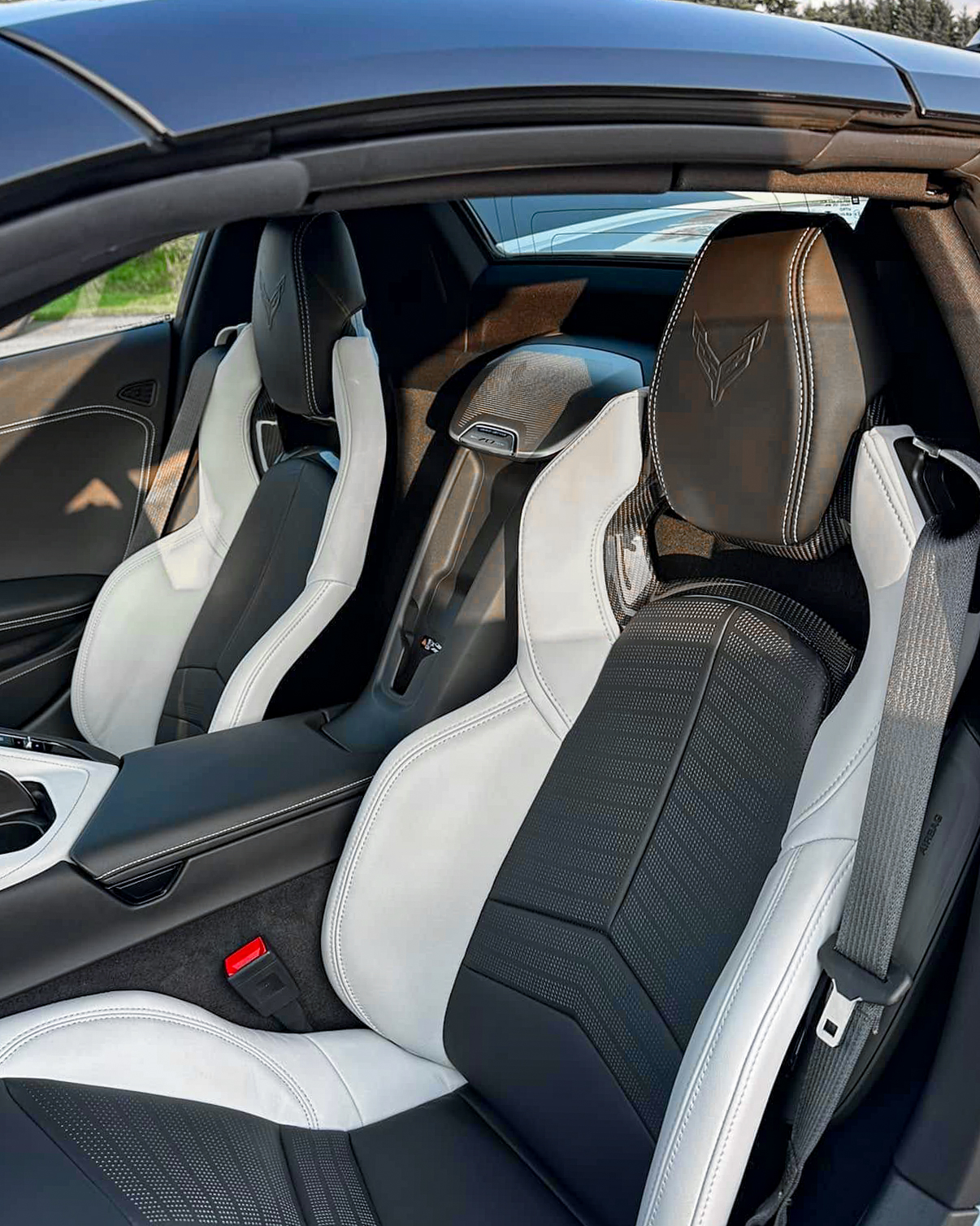 White 2024 Chevy Corvette C8 - Driver Interior Seats after Mobile Detailing