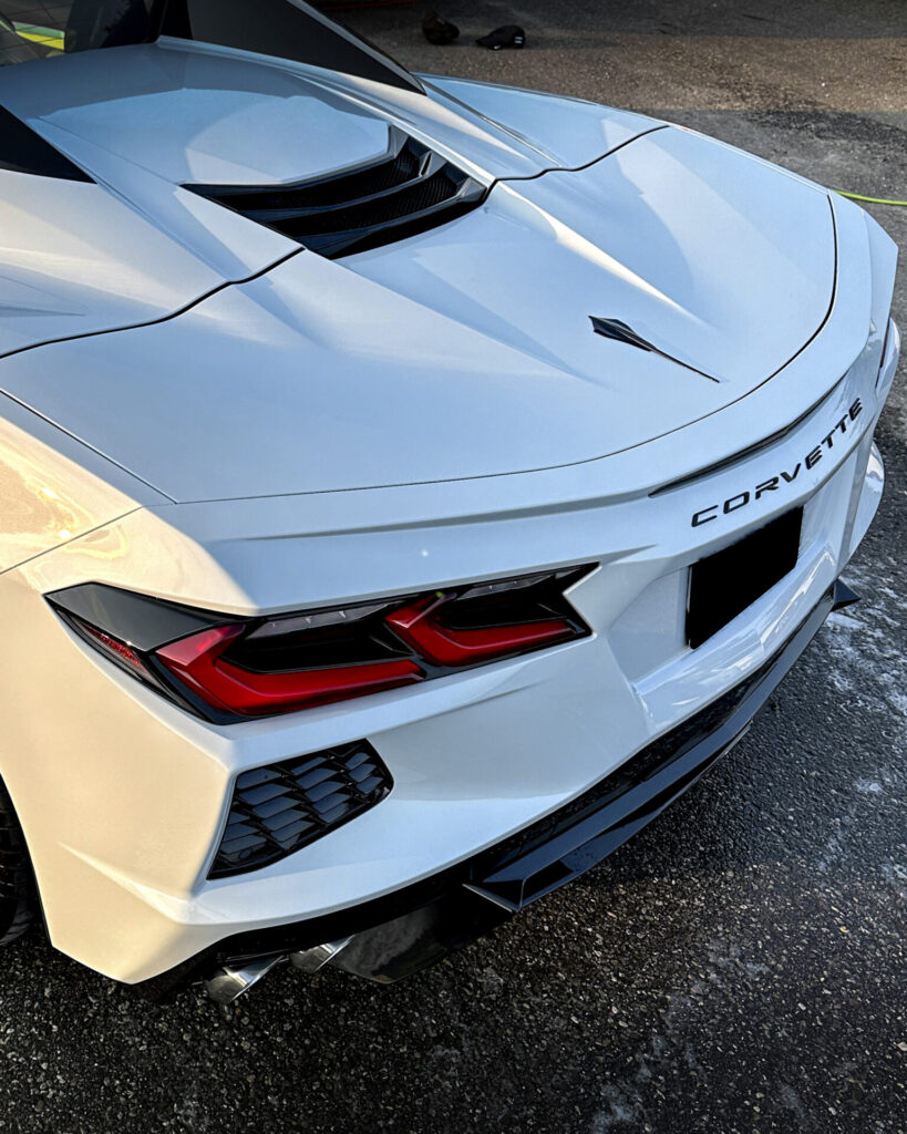 White 2024 Chevy Corvette C8 - Driver Rear Half Above after Mobile Detailing and Ceramic Coating