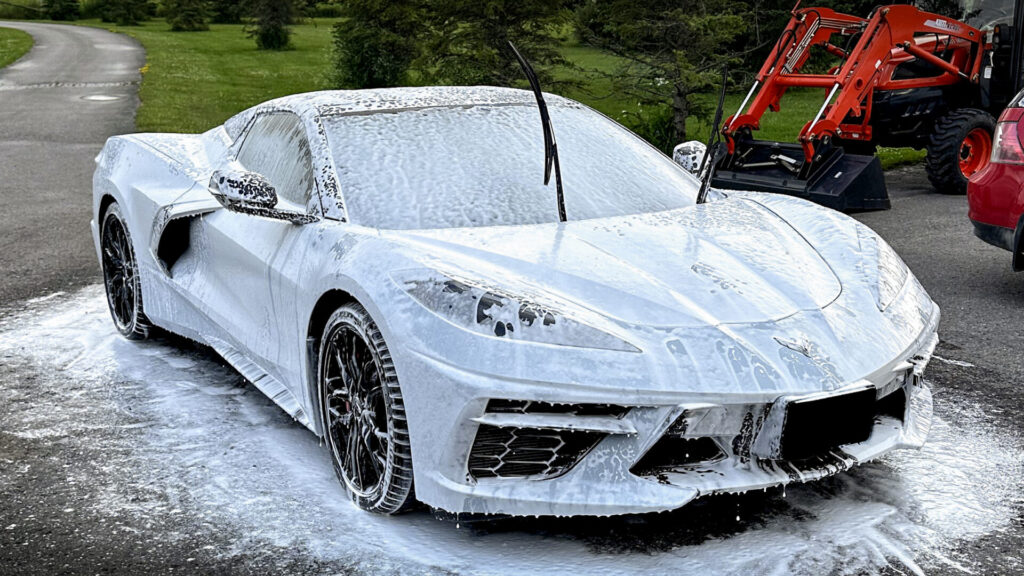 White 2024 Chevy Corvette C8 - Passenger Front Foamy 2 during Mobile Detailing and Ceramic Coating
