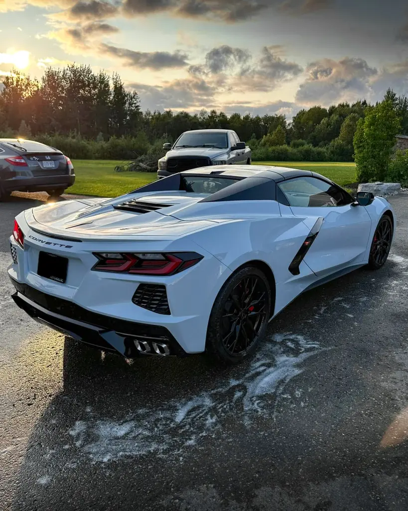 White 2024 Chevy Corvette C8 - Passenger Rear after Mobile Detailing and Ceramic Coating